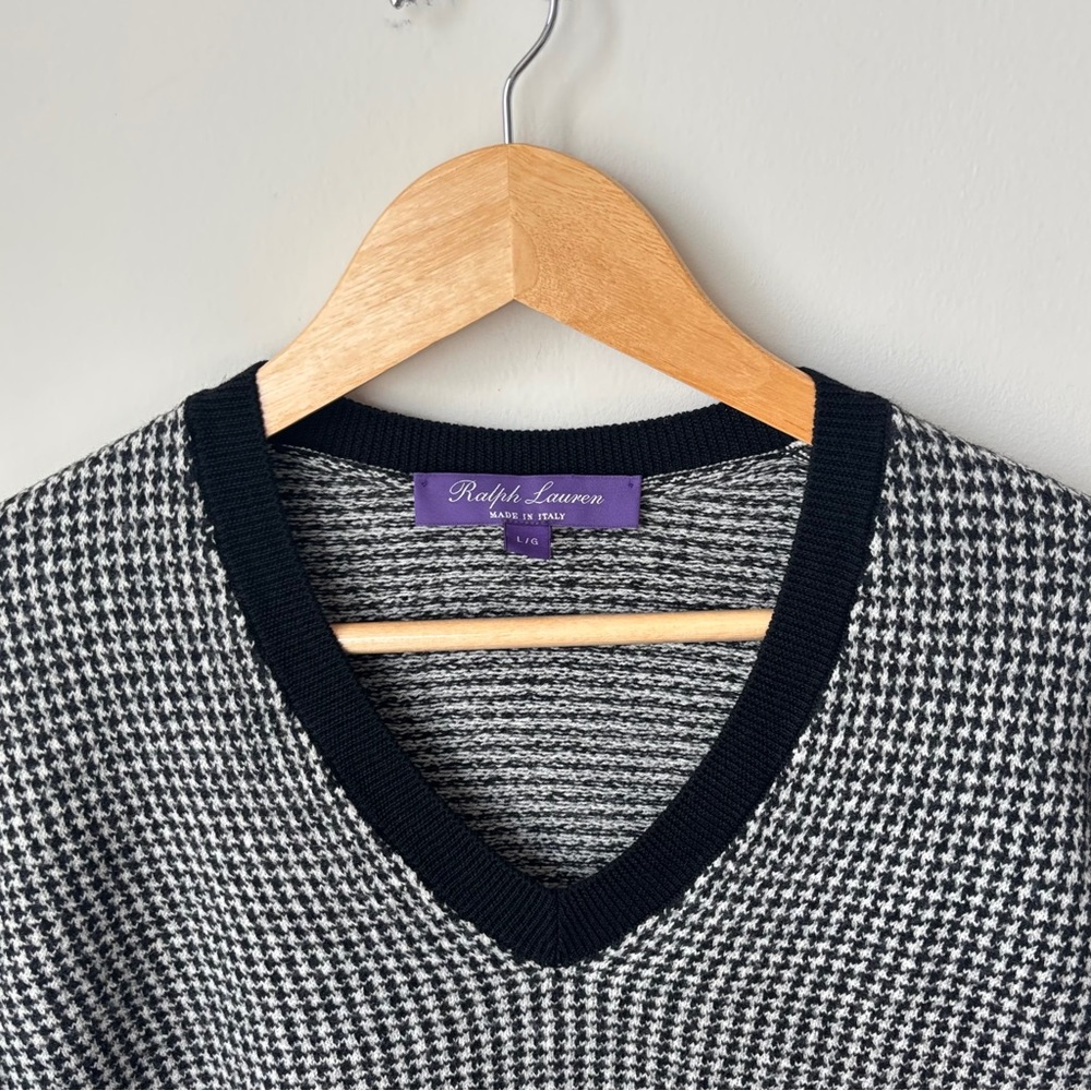 Ralph Lauren Purple Label Houndstooth Merino Wool V-Neck Sweater Size L Jacquard - Picture 3 of 14